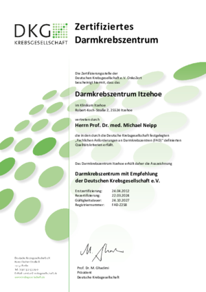 Zertifikat der Deutschen Krebsgesellschaft nach deren Anforderungen für das Darmkrebszentrum Itzehoe, gültig bis zum 24.10.2027