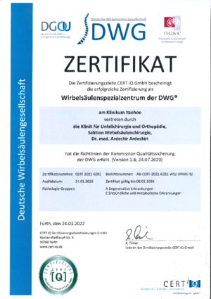 Zertifikat von CertIQ nach den Anforderungen der Deutschen Wirbelsäulen Gesellschaft für das Wirbelsäulenspezialzentrum der DWG, gültig bis zum 08.02.2026