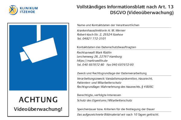 Vollständiges Informationsblatt nach Art. 13 DSGVO (Videoüberwachung) mit Aufzeichnung