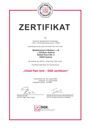 Zertifikat der Deutschen Gesellschaft für Kardiologie nach deren Anforderungen für die Chest Pain Unit, gültig bis zum 07.08.2026