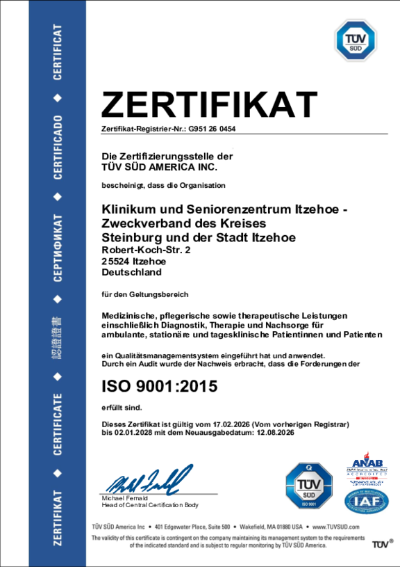 Öffnet das Zertifikat des TÜV SÜD nach den Anforderungen der DIN EN ISO 9001:2015 für das Klinikum und Seniorenzentrum Itzehoe