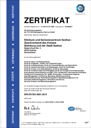 Zertifikat des TÜV SÜD nach den Anforderungen der DIN EN ISO 9001:2015 für das Klinikum und Seniorenzentrum Itzehoe, gültig bis zum 02.01.2028