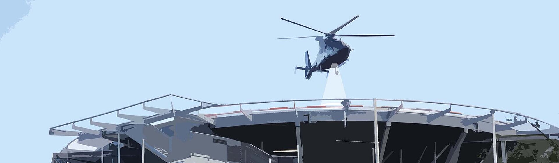 Bildliche Darstellung - Hubschrauber landet oder startet auf Hubschrauberlandeplatz. Bildliche Darstellung - Hubschrauber landet oder startet auf Hubschrauberlandeplatz.