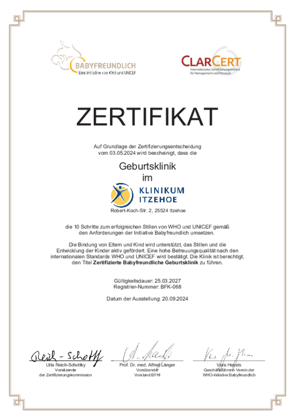 Öffnet das Zertifikat Zertifikat von ClarCert nach den Anforderungen der Initiative Babyfreundlich für die Zertifizierte Babyfreundliche Geburtsklinik, gültig bis zum 25.03.2027