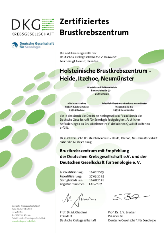 Öffnet das Zertifikat der Deutschen Krebsgesellschaft nach deren Anforderungen für das Holsteinische Brustzentrum, gültig bis zum 16.08.2028