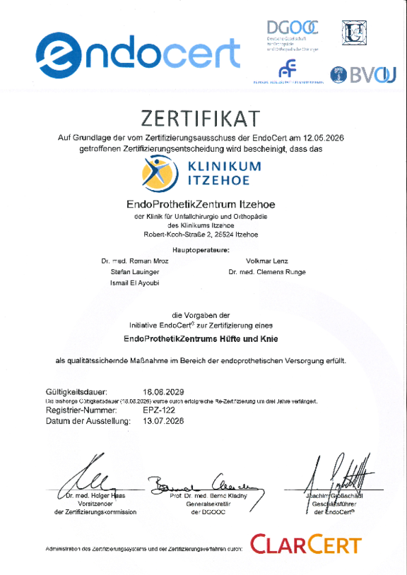 Öffnet das Zertifikat EndoCert-Zertifikat EndoProthetikZentrum Hüfte und Knie 07/2026 - 08/2029