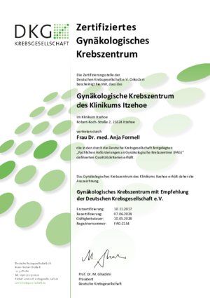 Zertifikat der Deutschen Krebsgesellschaft nach deren Anforderungen für das Gynäkologische Krebszentrum des Klinikums Itzehoe, gültig bis zum 10.05.2028