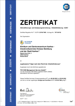 Zertifikat des TÜV SÜD nach den Anforderungen der AZAV als zugelassener Träger nach dem Recht der Arbeitsförderung, gültig bis zum 05.08.2029