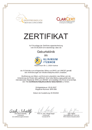 Zertifikat von ClarCert nach den Anforderungen der Initiative Babyfreundlich für die Zertifizierte Babyfreundliche Geburtsklinik, gültig bis zum 25.03.2027