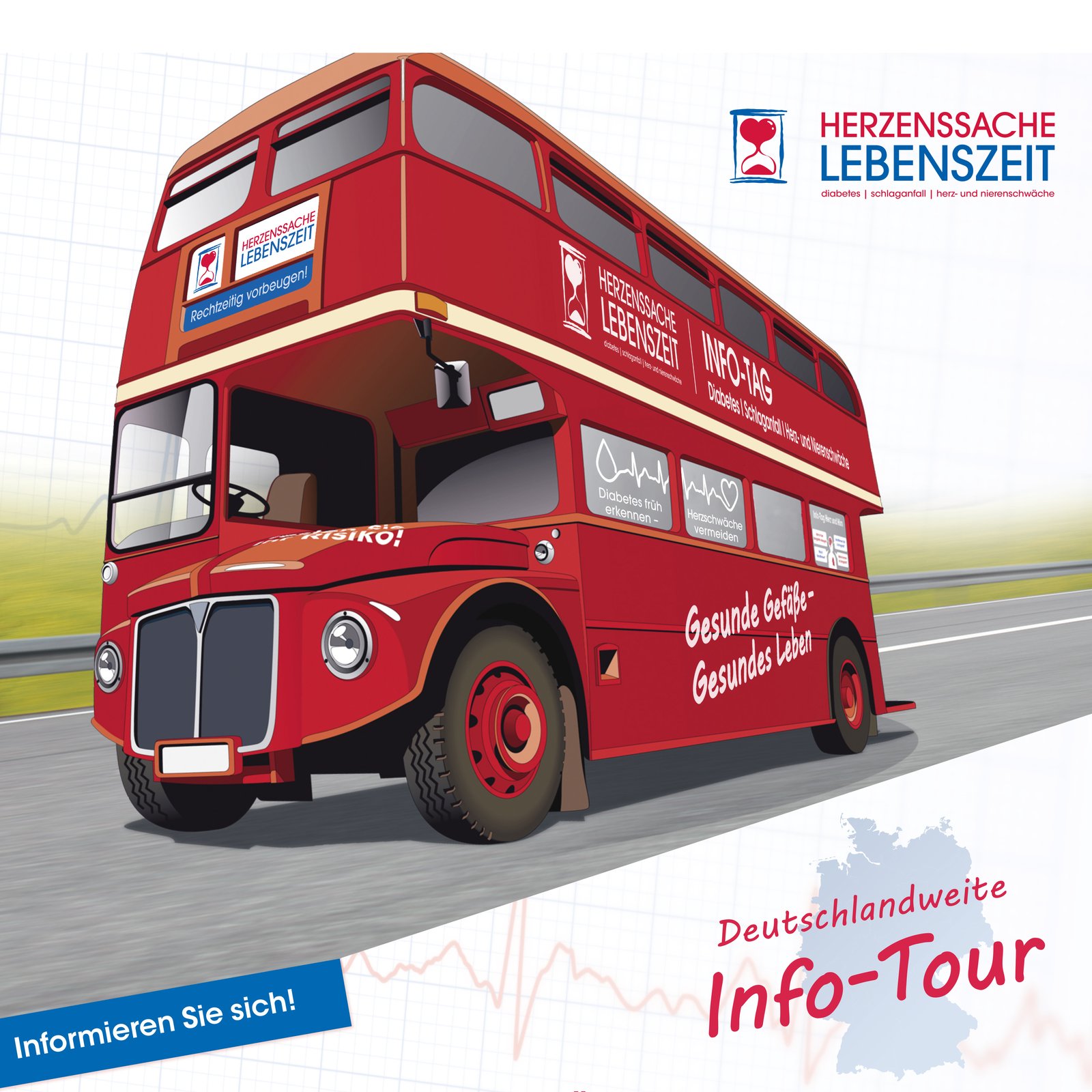 London-Doppeldecker-Herzbus auf Info-Tour durch Deutschland Zeichnung: London-Doppeldecker-Herzbus auf Info-Tour durch Deutschland